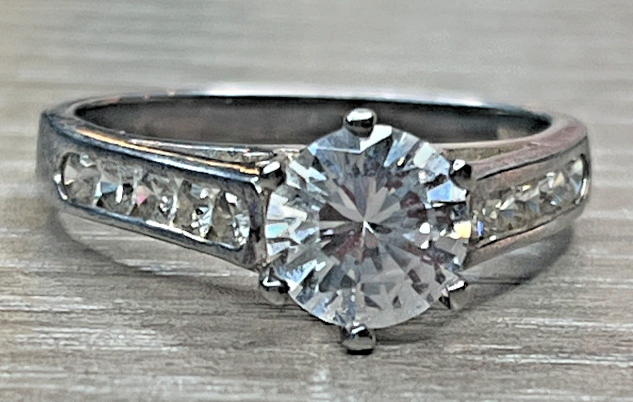 Vintage DBJ Sparkling CZ Solitaire Accents Engagement Ring Silver Tone SZ 8.25