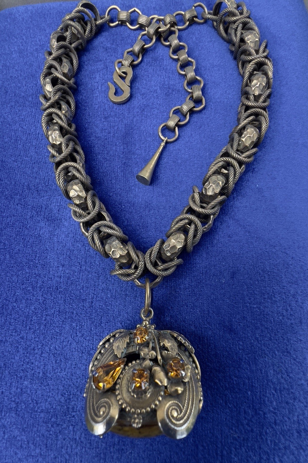 VTG HENKEL & GROSSE Victorian Revival Rhinestone & Art Glass Fob Necklace RUNWAY