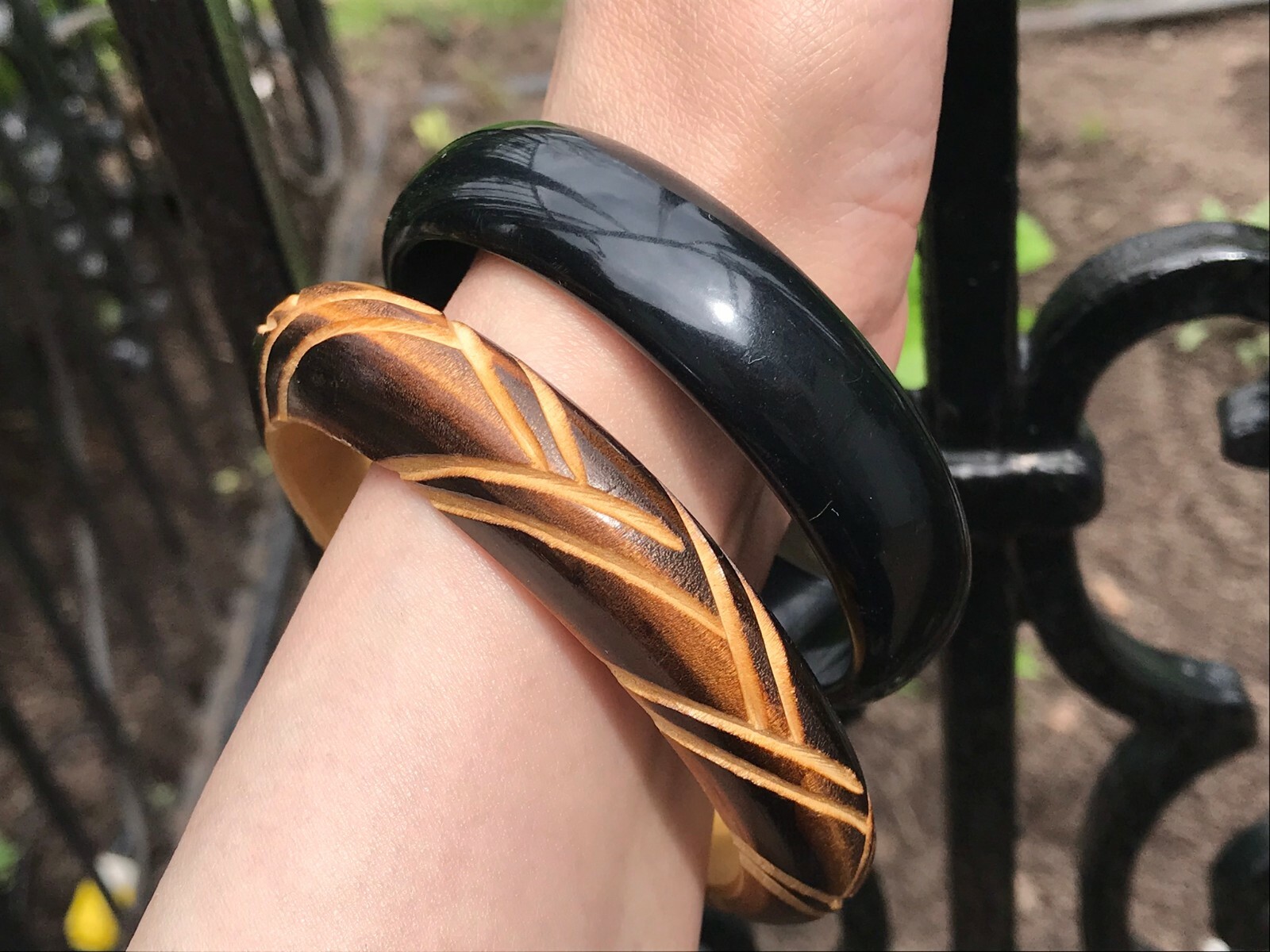 Vintage Bangles Mixed Pair, Lucite and Wood