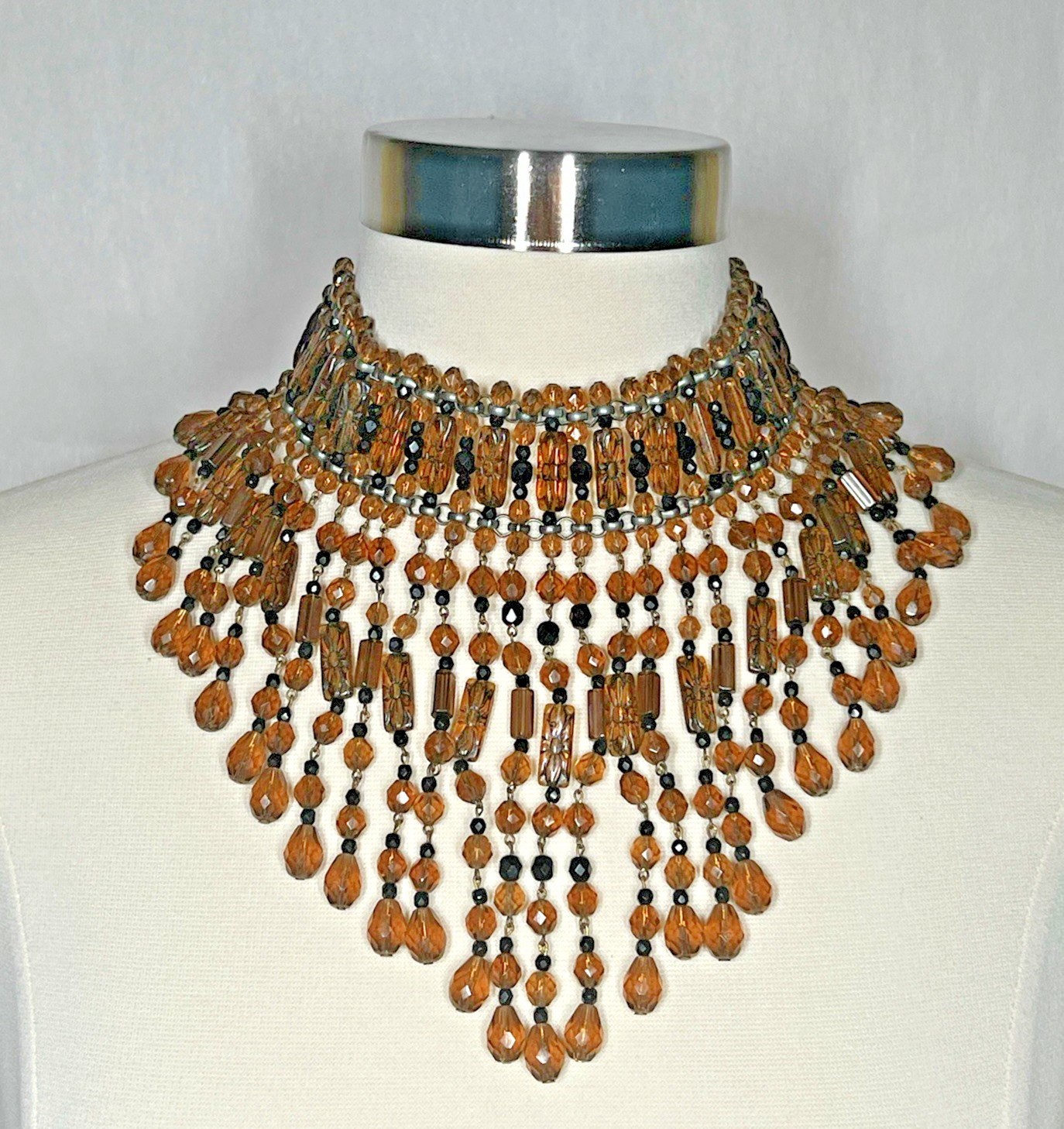 Vintage Amber Glass Beaded Choker Fringe Statement Necklace Collar Bib 15″-18”