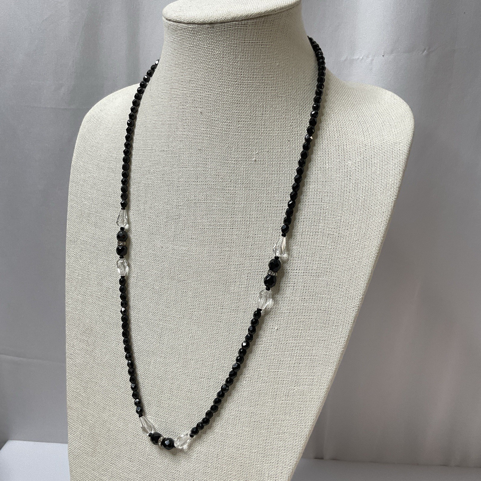 Vintage Art Deco Black Clear Glass Necklace Faceted Bead 26” Crystal Accent