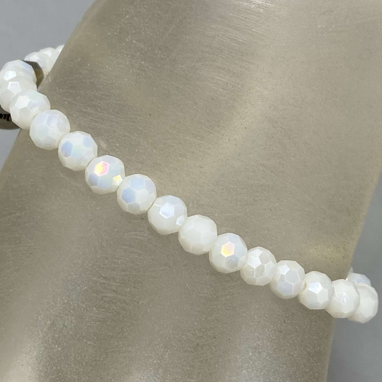 Erimish Bracelet White Faceted Fire Polished Glass Beads Stretch Designer 7″