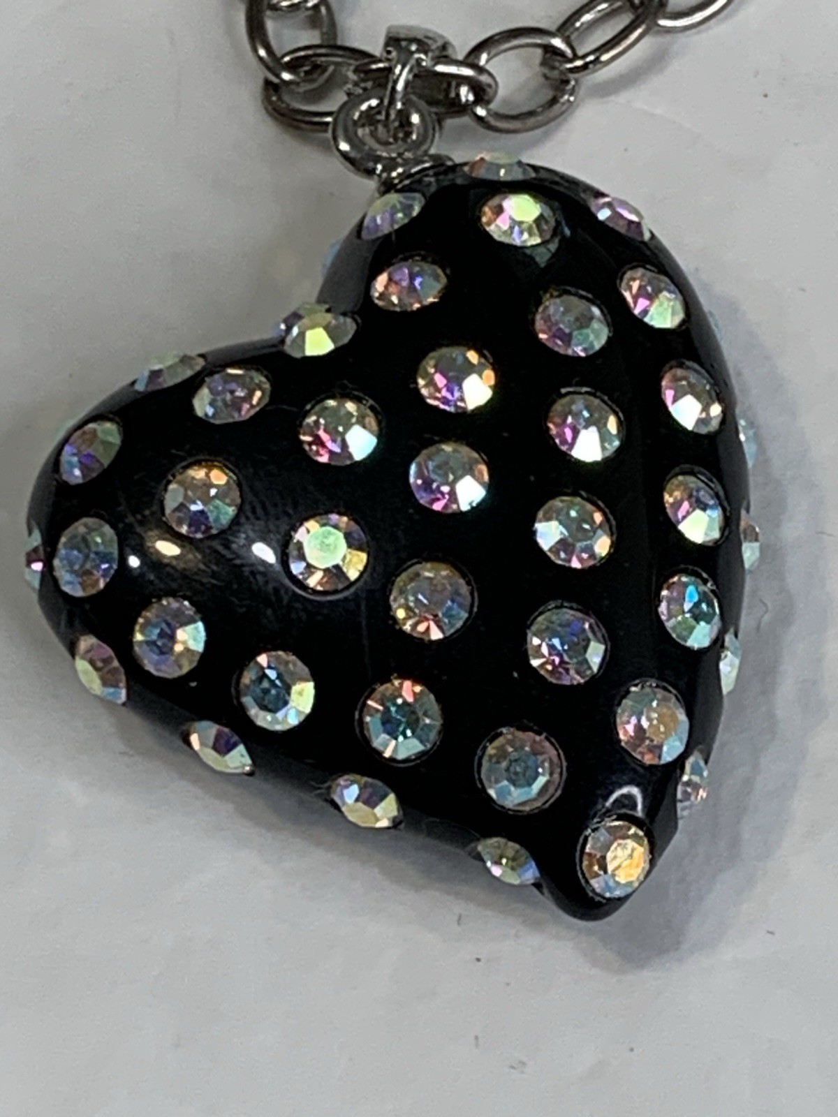 Vtg Black Lucite Pave AB Crystal 2”puff Heart Pendant Offset Hasp Valentine
