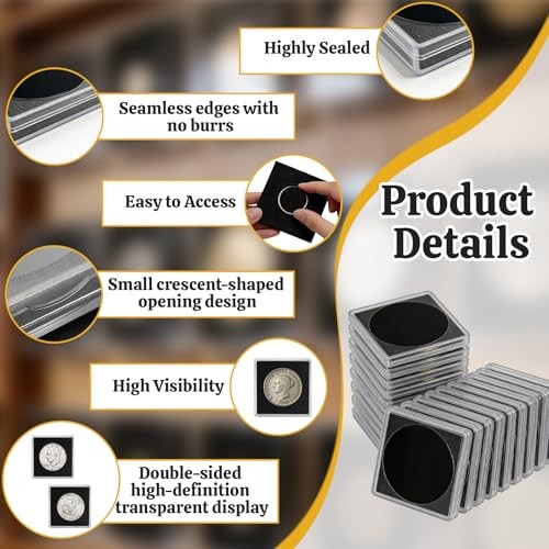 40 Pcs Acrylic Coin Holder, 17.5-40 mm Adjustable Black Gasket 8 Size Silver