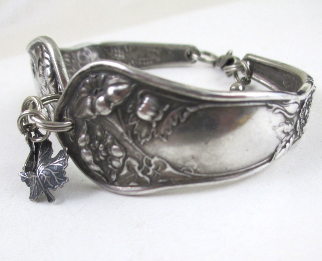 Vintage Oneida Spoon Bracelet Bridal Rose Poppy Flower Butterfly Mapleleaf Charm