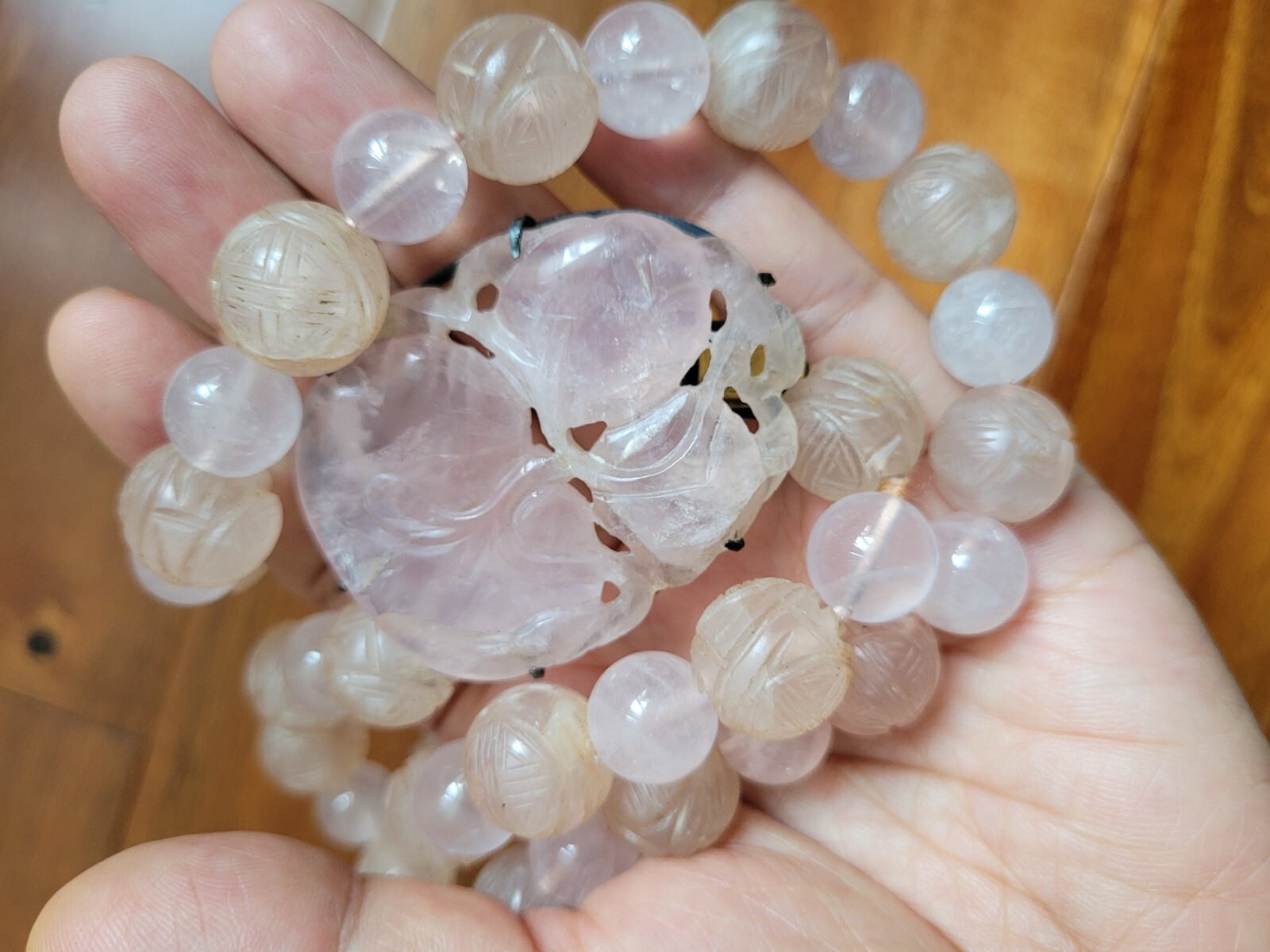 Antique Chinese Circa 1920s Sterling Carved Rose Quartz Beads Pendant Necklace