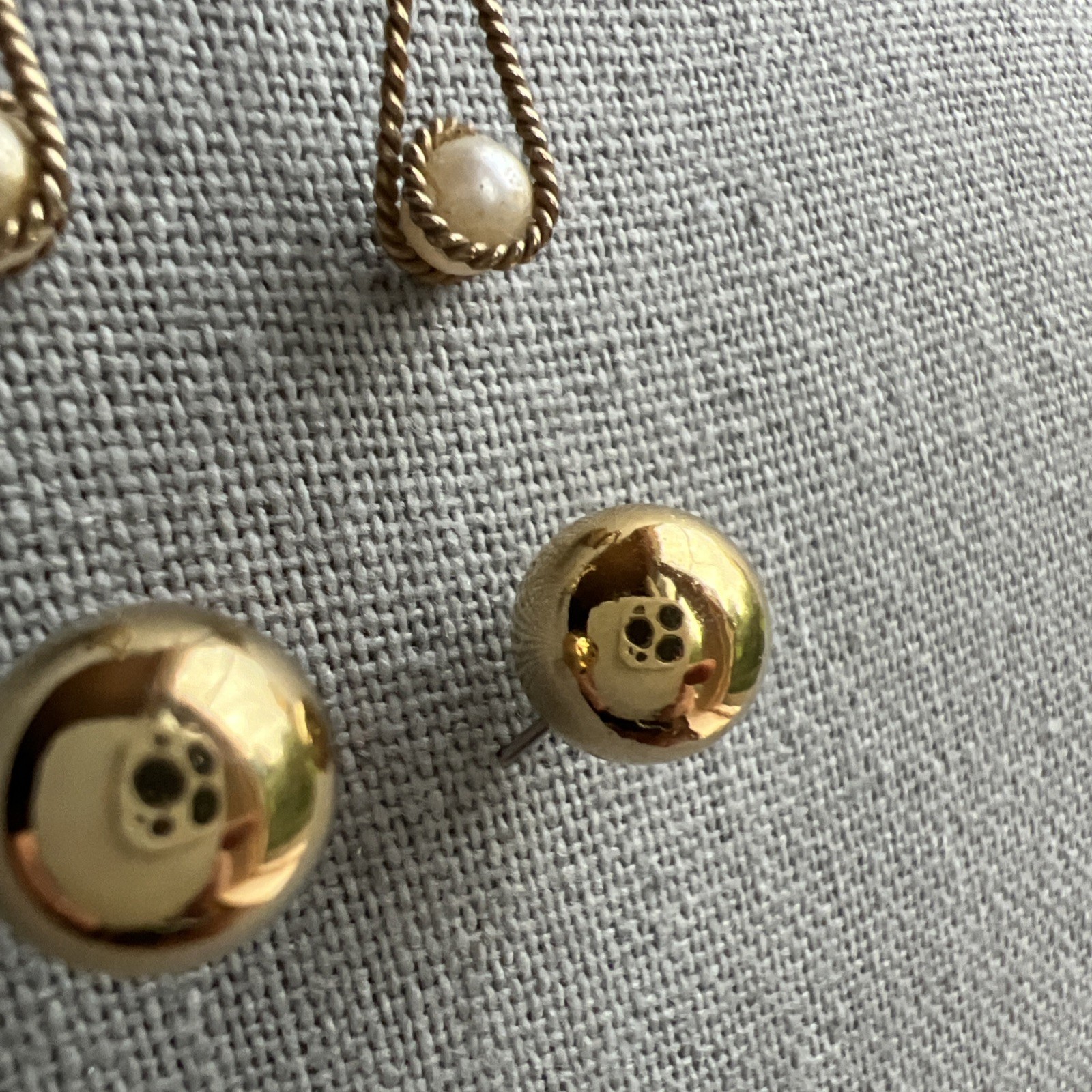 Two Pair Vintage Gold Tone Earrings; Faux Pearl; Gold Tone Ball; Classic!