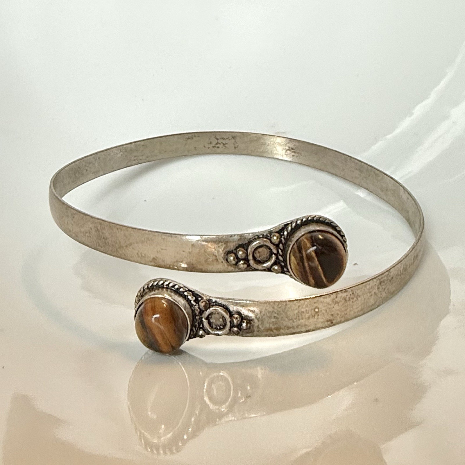 Ethnic Tiger’s Eye Gemstone Silver Tone Adjustable Cuff Bracelet / Arm Band 9.5”