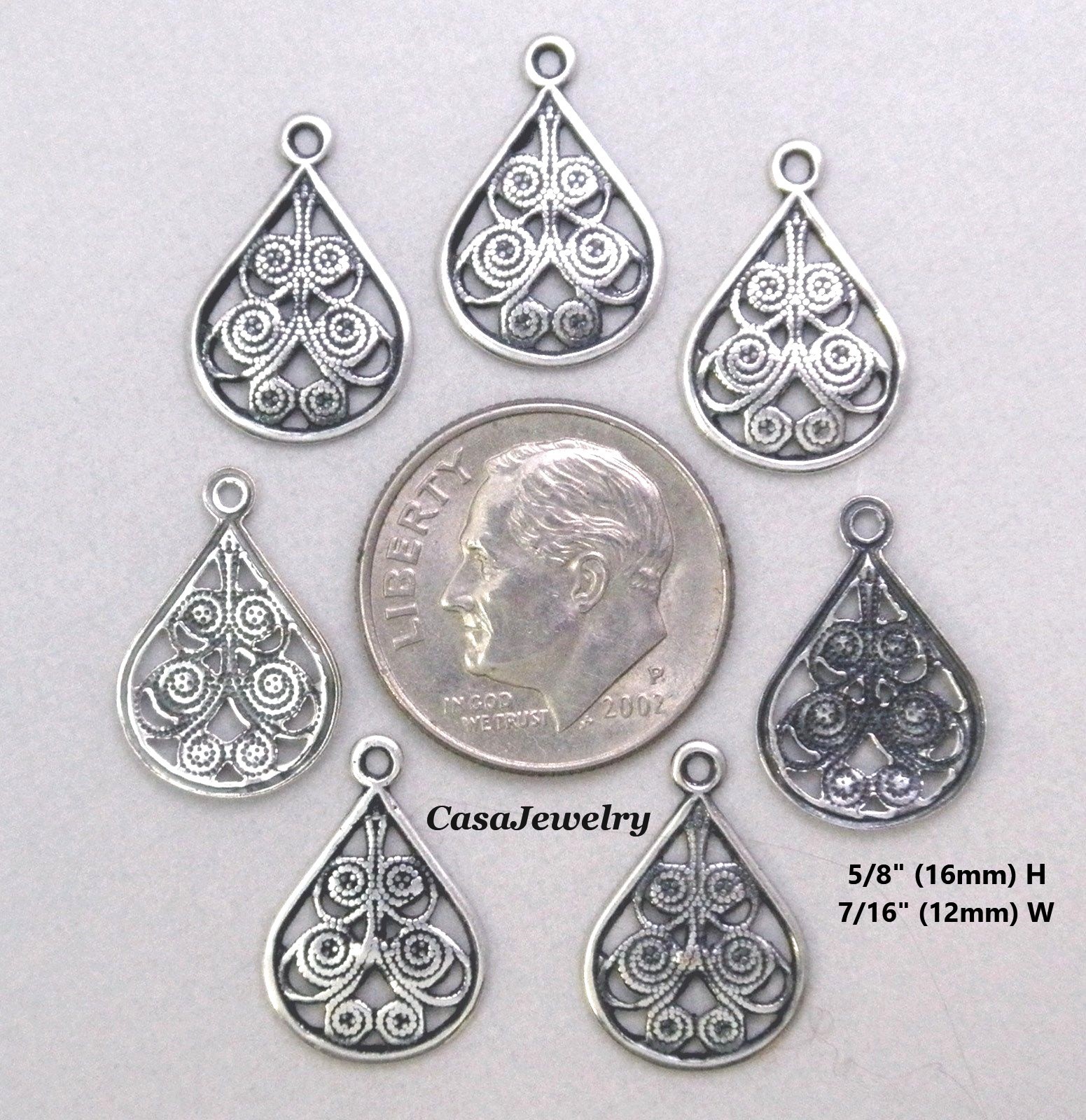 #1199 ANTIQUED STERLING SILVER PLATED OPEN FILIGREE TEARDROP W/TOP RING – 12 Pcs