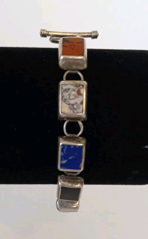 Vtg Mex925 Sterling Silver Multicolor Stone Bracelet 7″