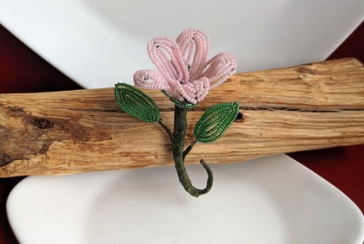 Vintage Handmade PINK Petal Seed Bead Flower Brooch 3¾” Pin GREEN Leaves Stem