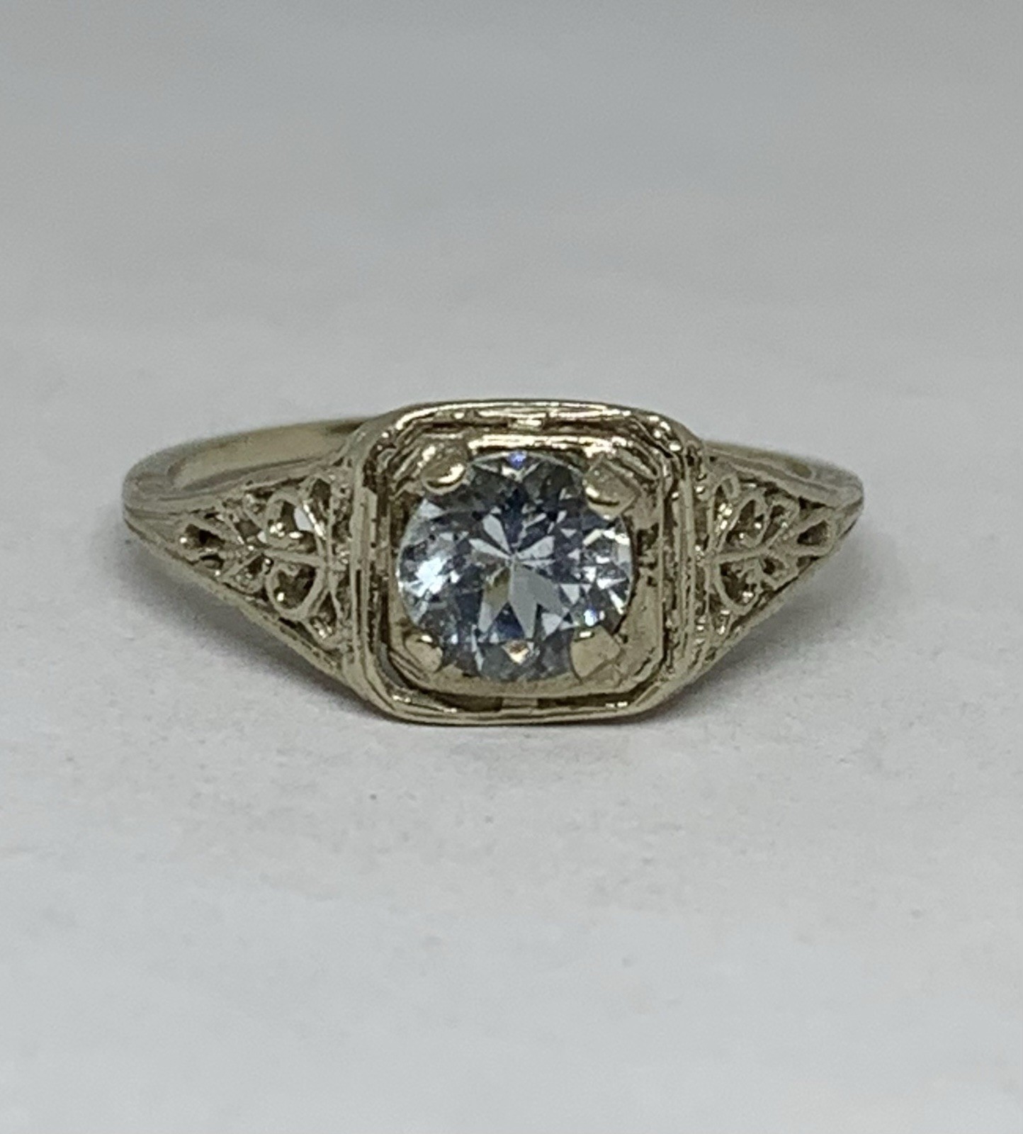 Art Deco Vintage 14k White Gold .5ctw Light Blue Aquamarine Filigree Ring Sz6.5