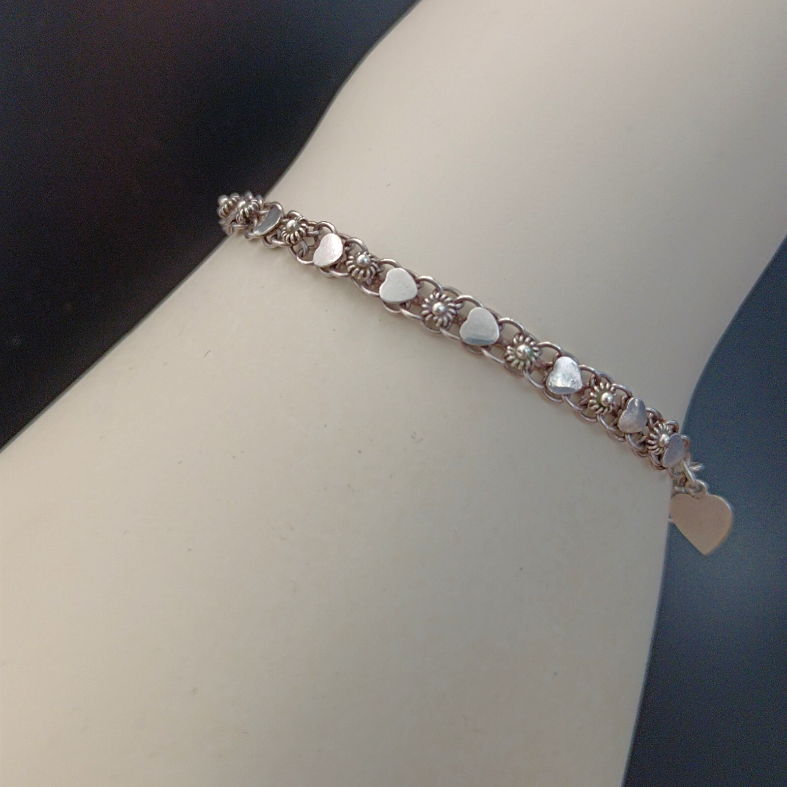 Vintage Silver Bracelet Ethnic Hearts Flowers Dainty Granulated Link Sterling