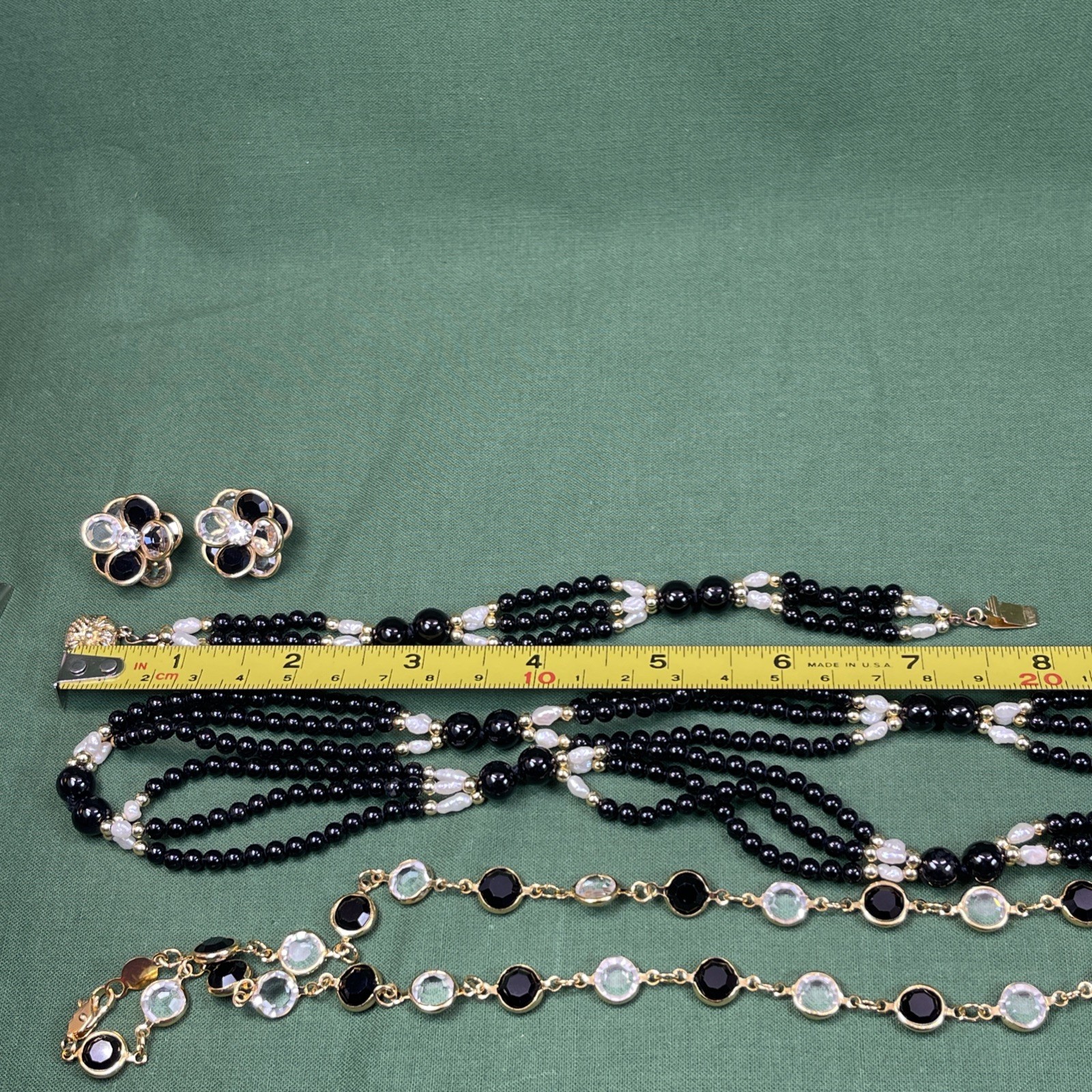 USA Made Austrian Crystal Black Gold Tone Rice Pearls Jewelry 4 Piece Parure Set