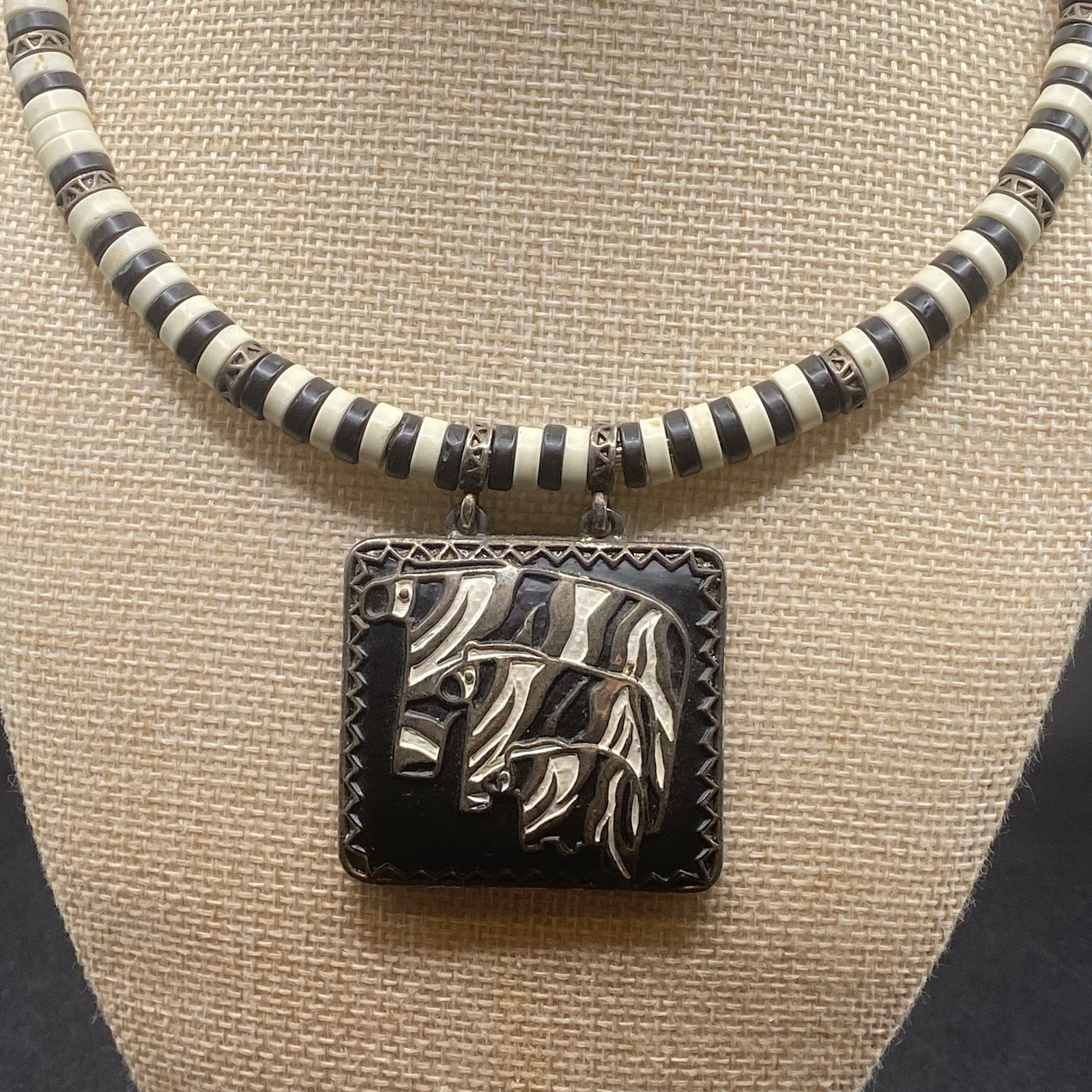 Tribal Zebra Black & White Beaded Safari Pendant Necklace