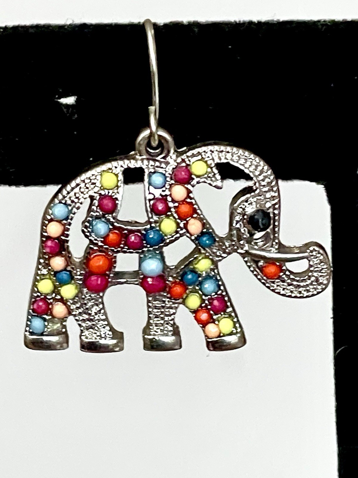 Vintage Elephant Dangle Earrings Silver Tone Multicolor Beaded Boho Hippy Global