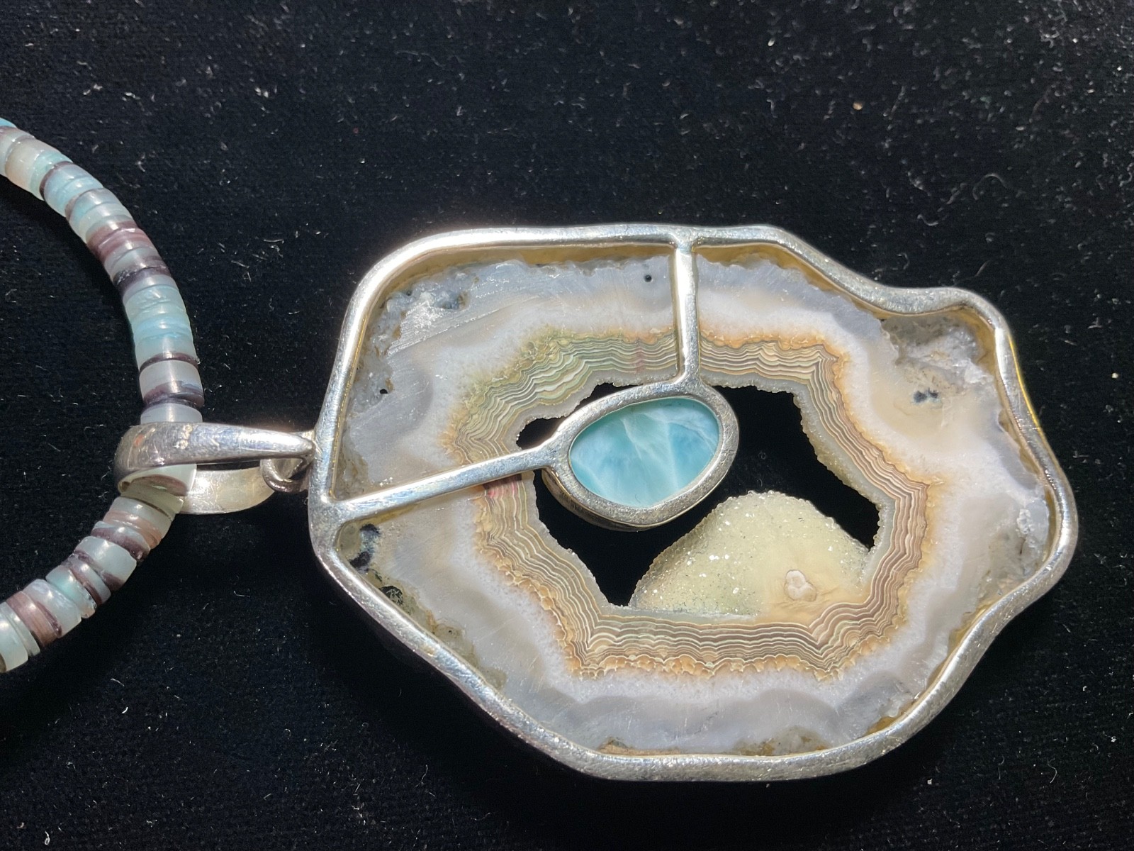 Unique Retro Large Sterling Silver Geode Slice Pendant Necklace