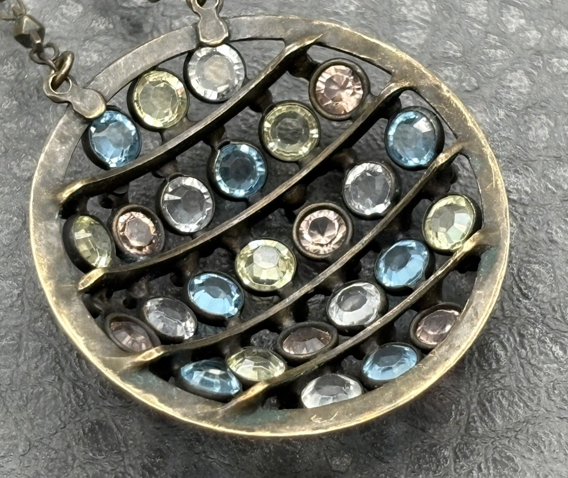 VTG Signed Sorrelli Necklace Gunmetal Silver Pink Blue Green Crystal Pendant