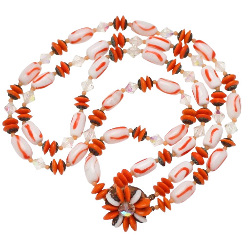1950s Vintage Layered Necklace Orange White Stripe Glass Beads Crystal Halloween