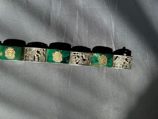 Vintage Bracelet; Sterling Silver, Mexican Jade, Gold, 7.0″, post 1940, Mexico