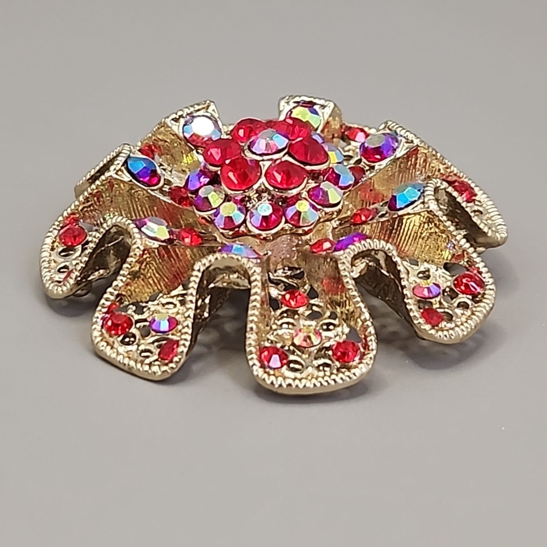 Vintage Rhinestone Brooch AB Red Bead Gold Tone Round Ruffle Wavy 2 1/8″