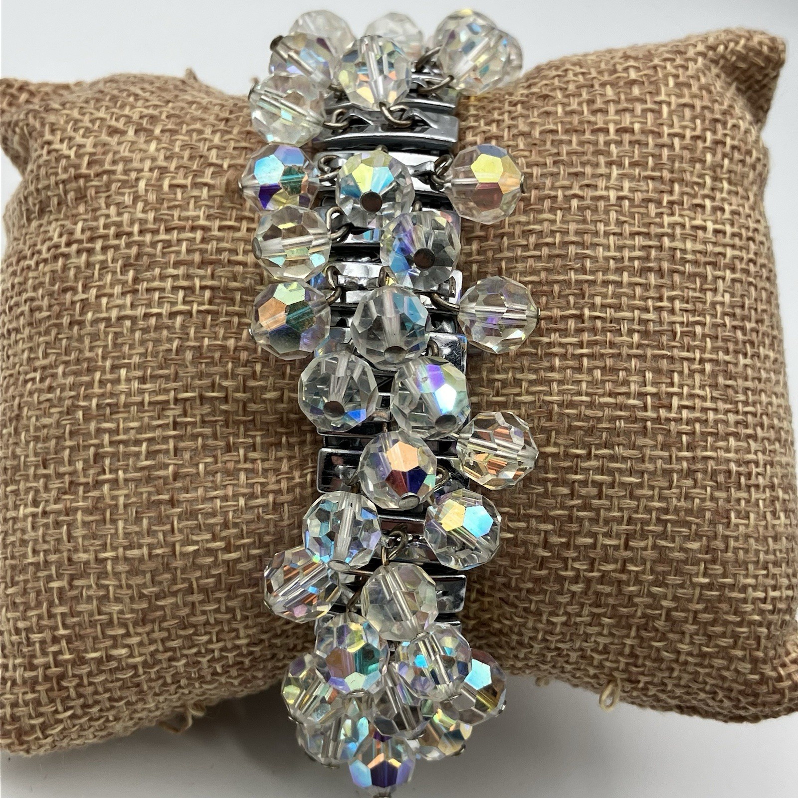 Vintage Aurora Borealis Beaded Stretch Bracelet / Expanding Band / Silver Tone