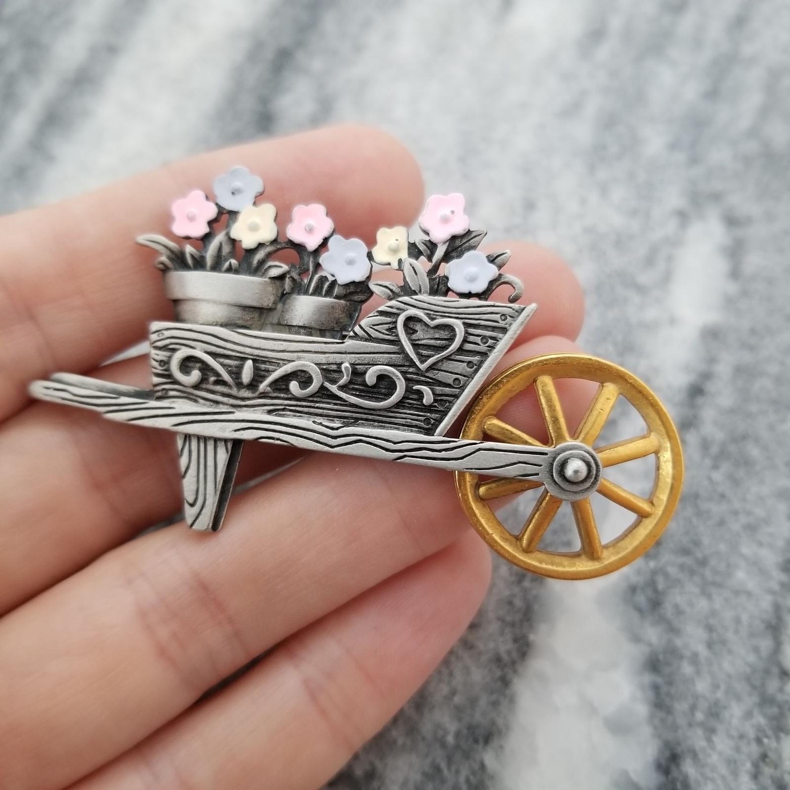 Vintage JJ Wheelbarrow full of Flowers and Moving Wheel, Silver Tone, Estate