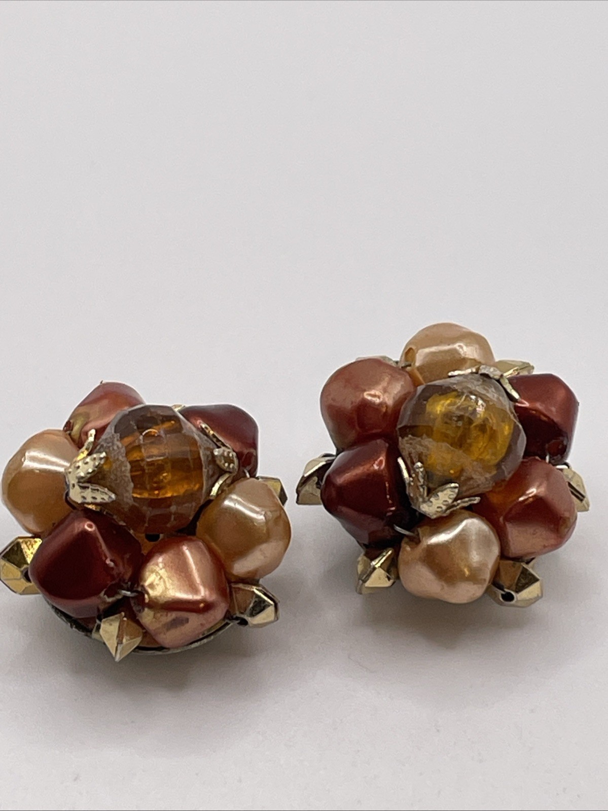 Earrings Vintage MCM Cluster Fall Colors Hong Kong Gold Tone Clip On Jewelry