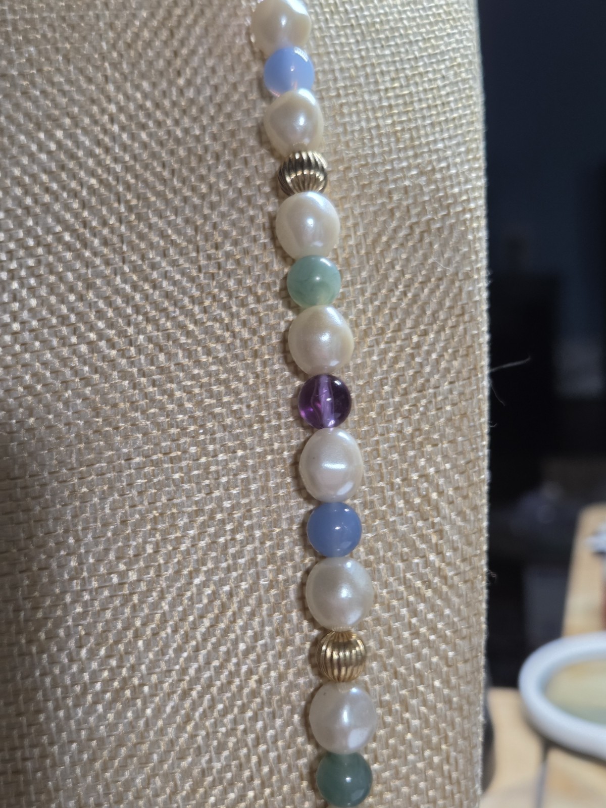 34″ Opera Faux Pearl Blue Green Purple Bead Gold Tone Necklace Barrel Clasp