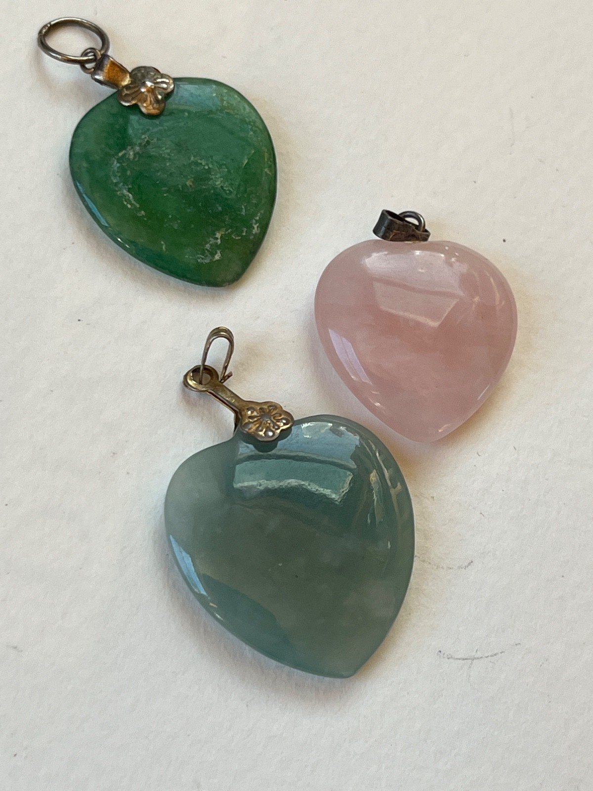 Lot of 3 Carved Green Stone or Pink Rose Quarts Heart Shaped Pendants or Charms