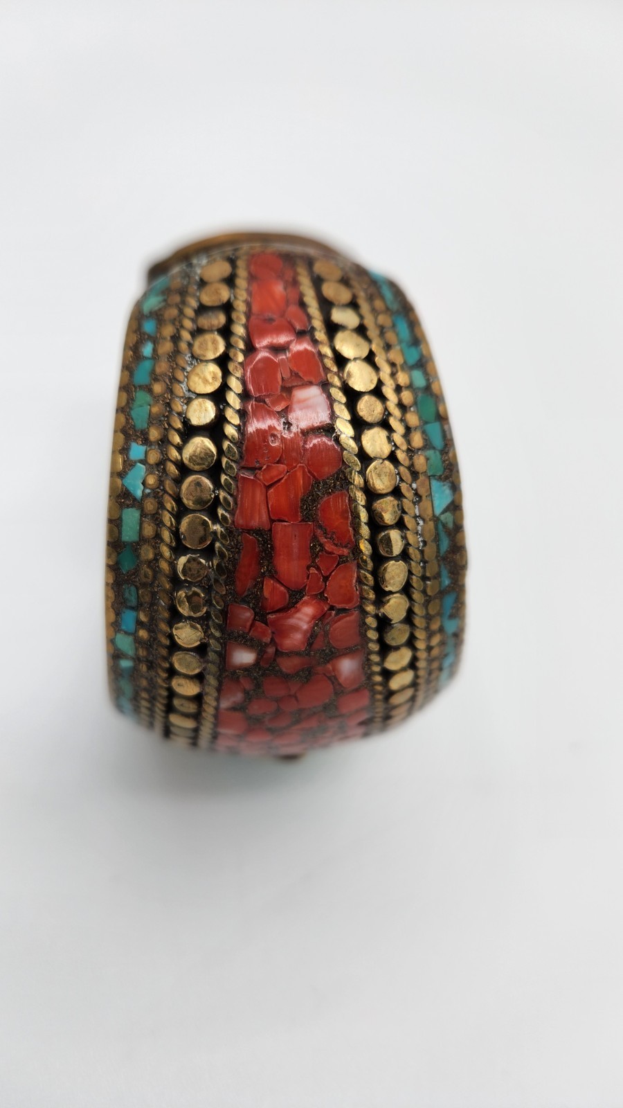 Vintage Brass Tibetan Style Inlaid Cuff Bracelet Multi Color Stones