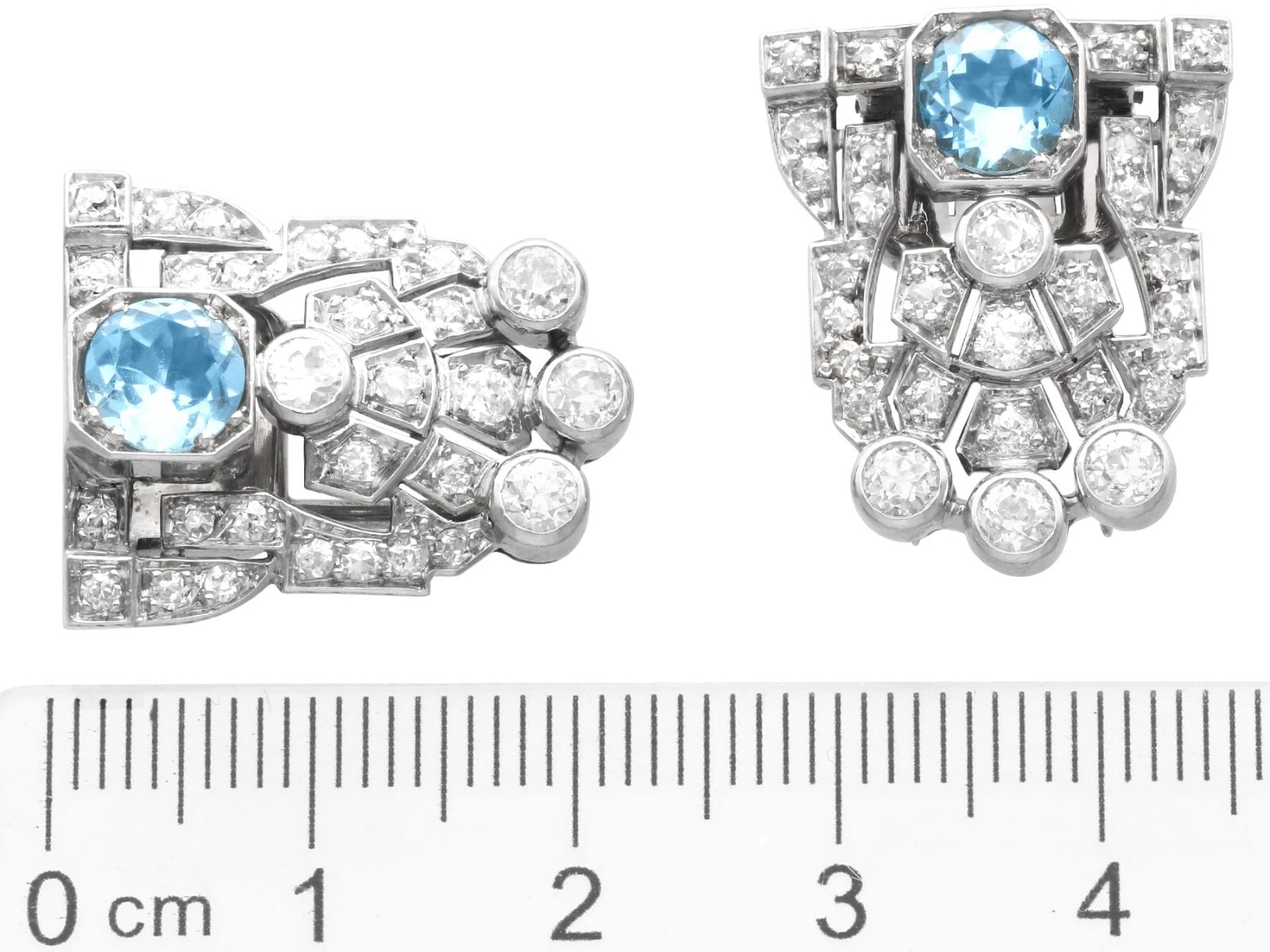 1.52Ct Aquamarine and 2.92Ct Diamond, 18k White Gold Double Clip Brooch
