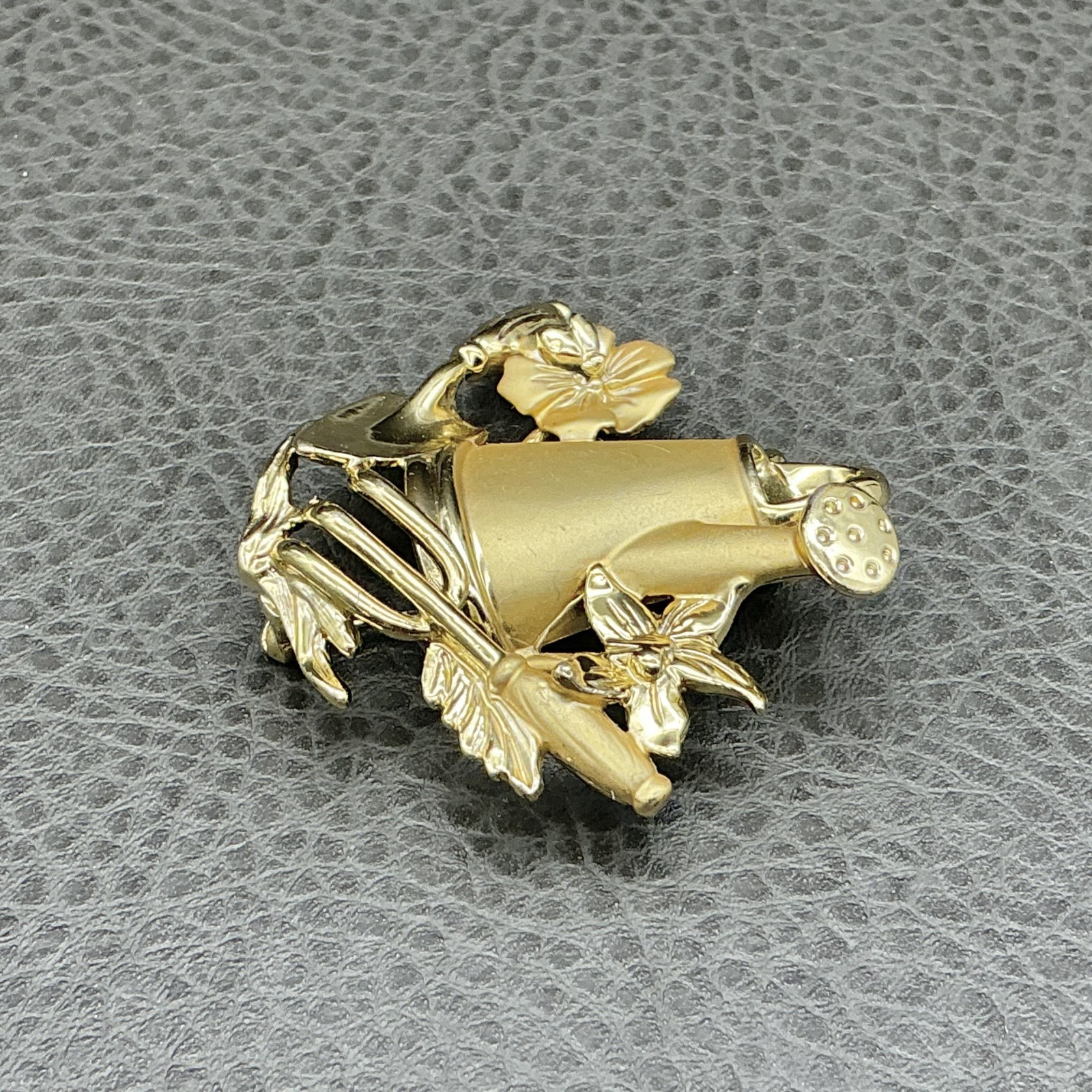 Vintage AJC Brooch Gardening Tools Flowers Watering Can Gold Tone 2 Inch Pin