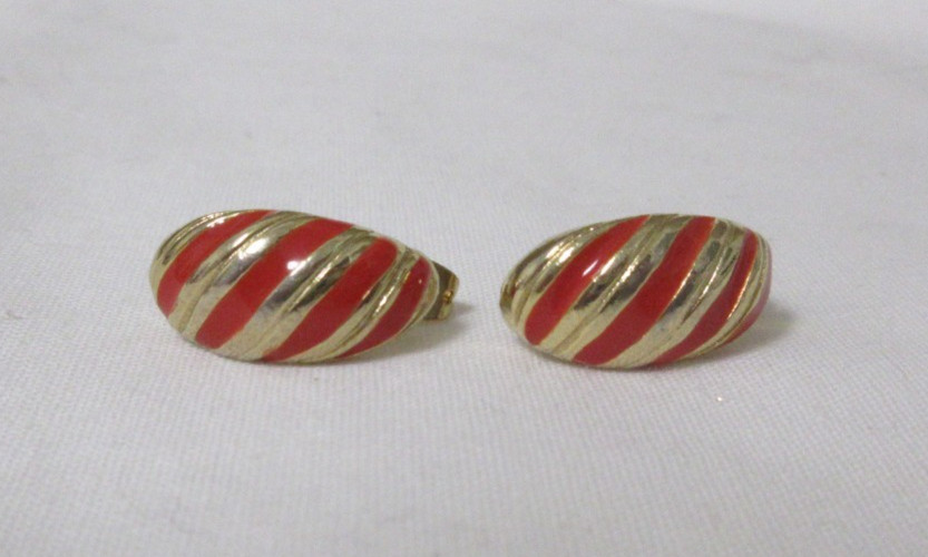 Vintage Gold Tone Red Enamel Striped Pierced Earrings