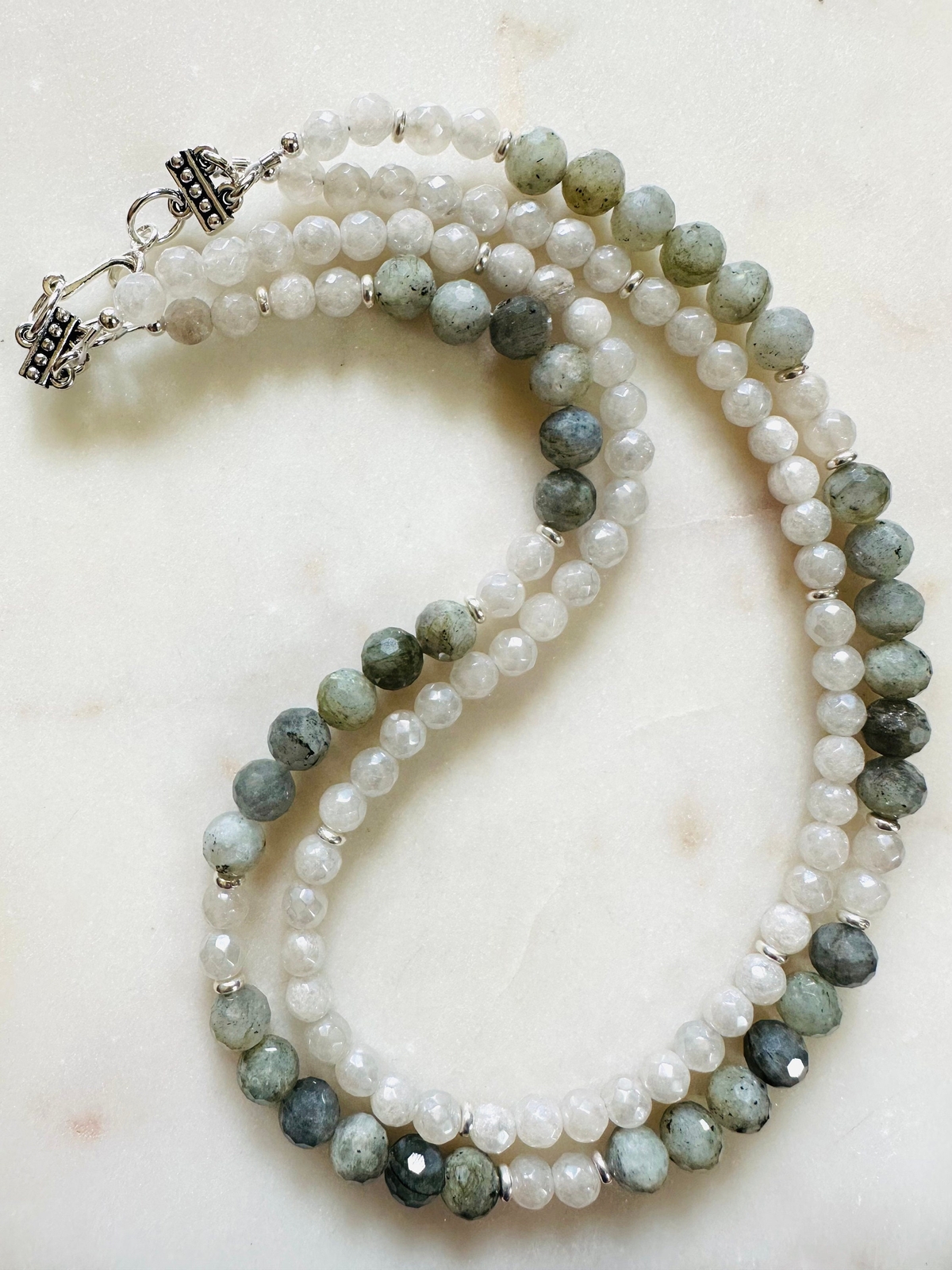 Labradorite Silverite Double Strand Beaded Necklace Non-Tarnish Silver Plated P