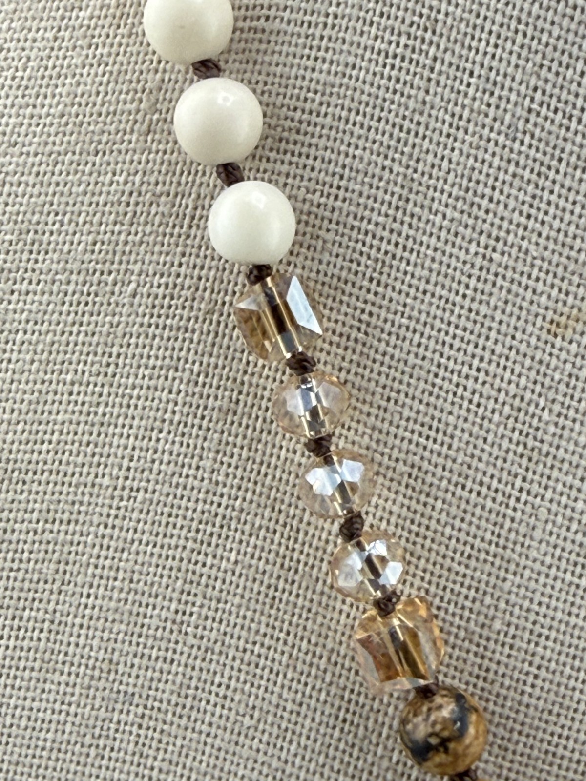Bohemian Necklace Brown White Beads Carved Pendant Gold Tone 32″