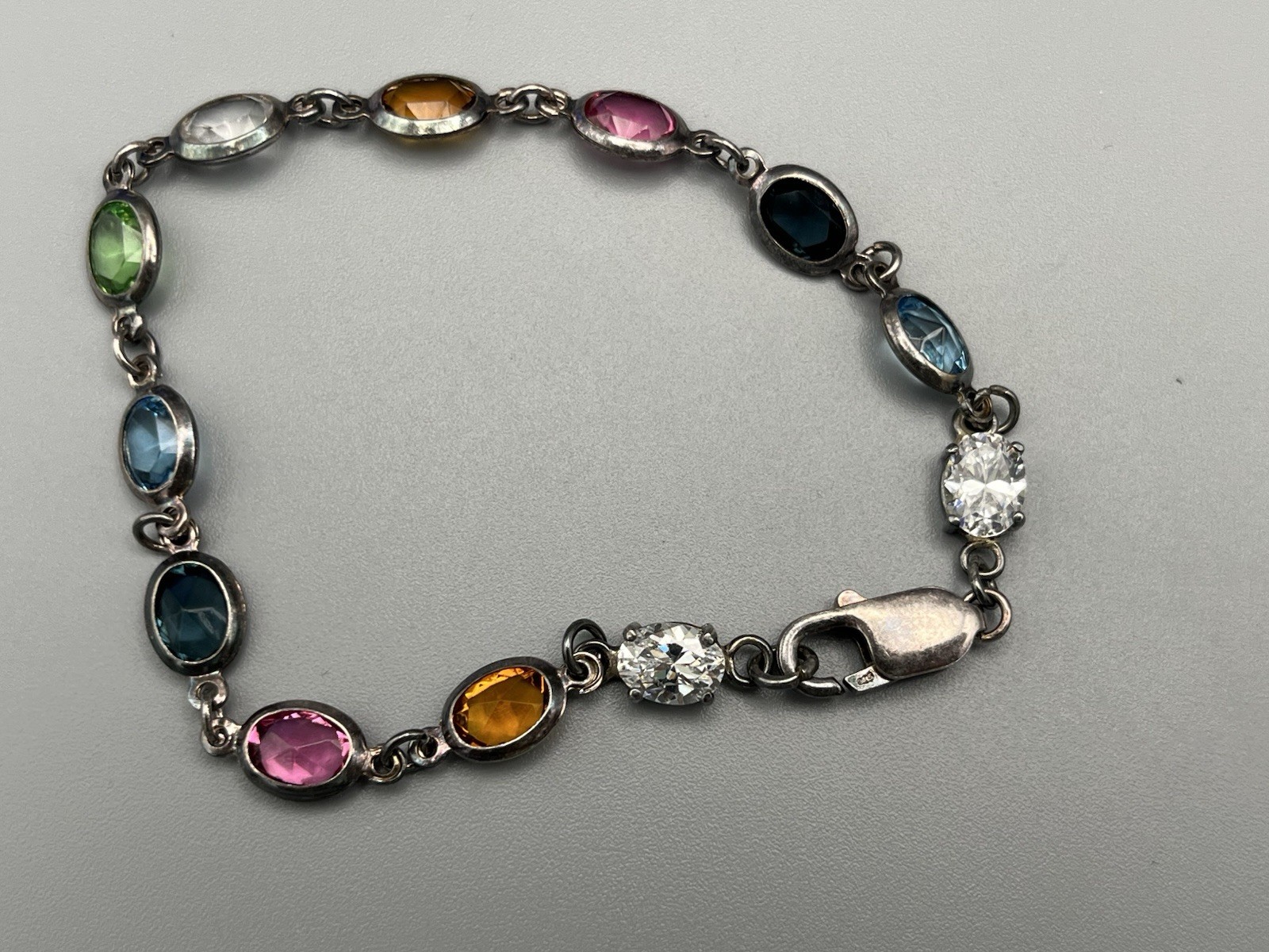 Vintage Silver Plated Multi Color Crystal Bracelet Bezel Oval Rainbow Stones