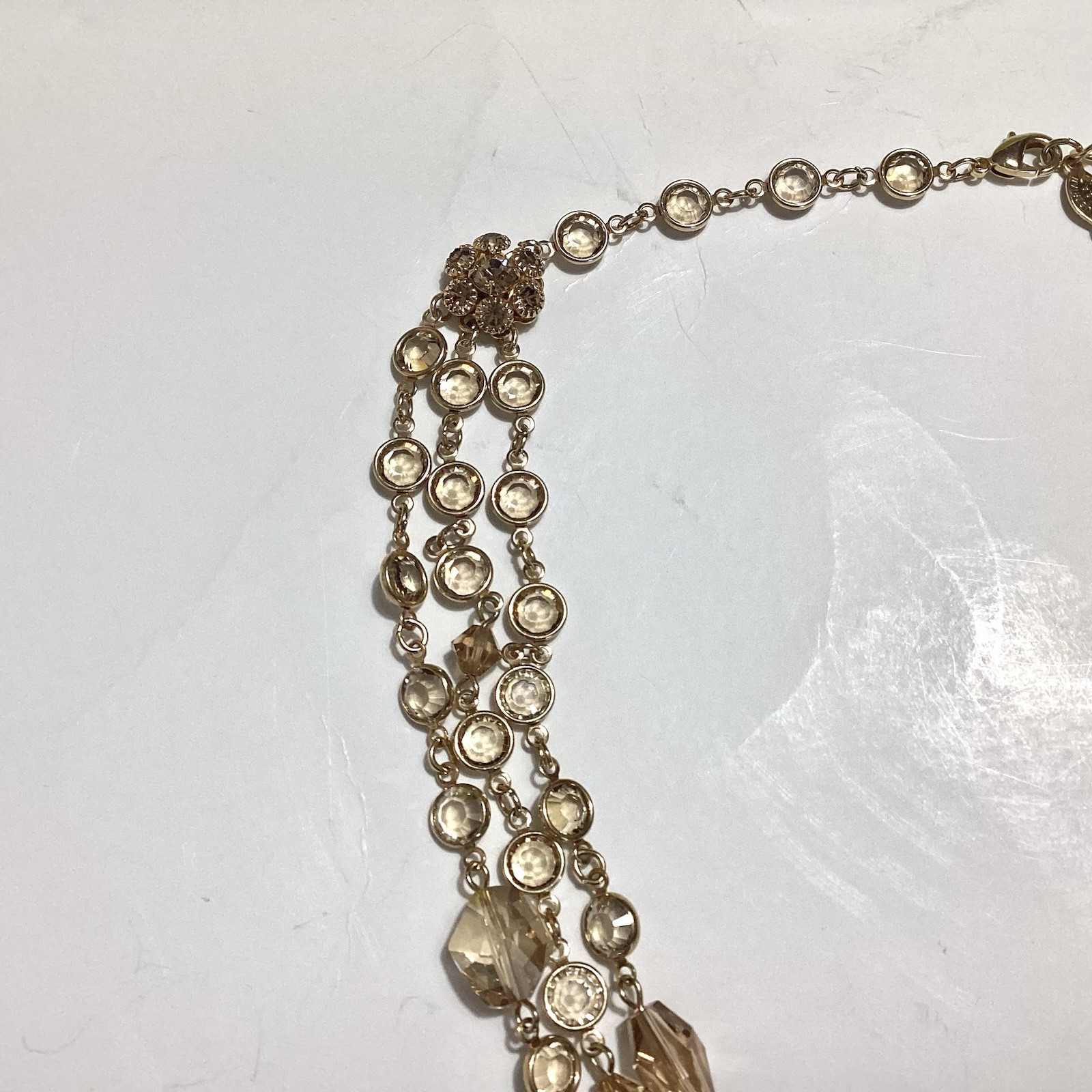 Austrian Crystal USA Signed GoldTone Bezel Champagne Multi-Strand Necklace 24.5”