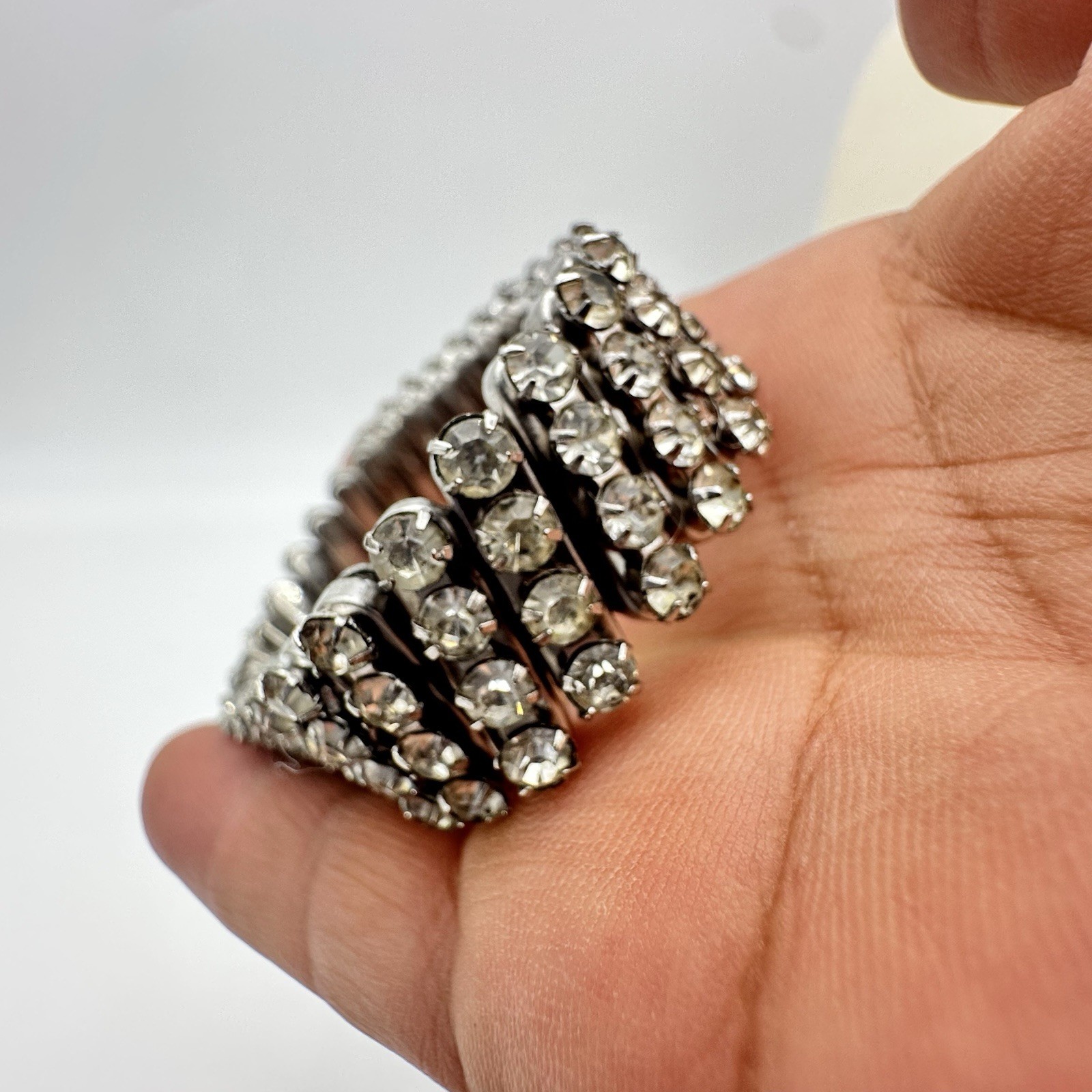 Vtg 40s Expansion Bracelet Accordion Silver Tone Rhinestone Sweetheart Style