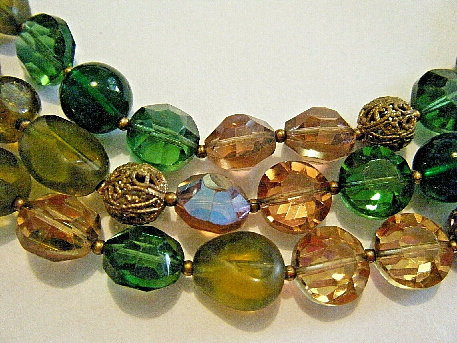 Vintage 1950s Triple Strand Collar Necklace AB Crystal Brass Filigree Art Glass