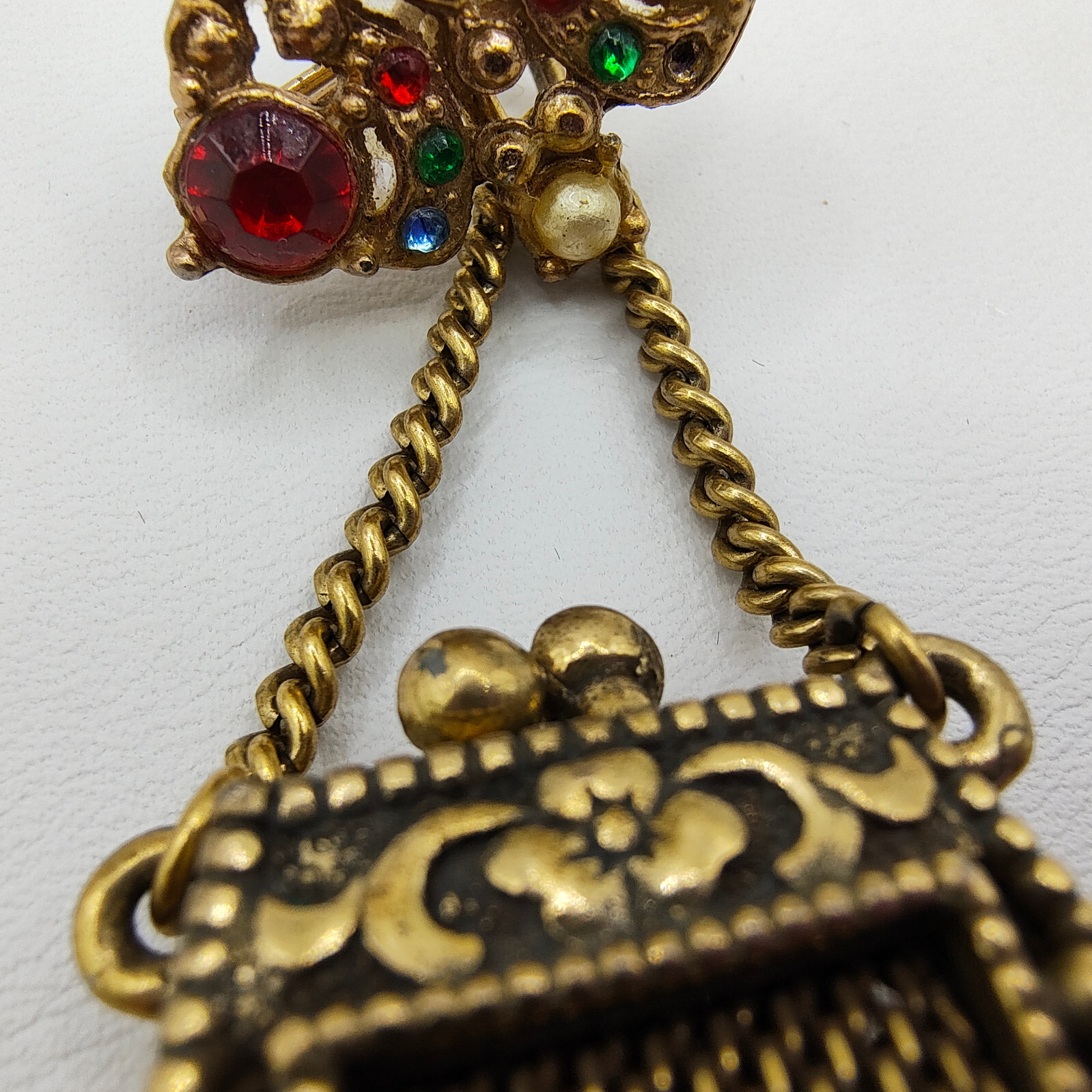 Vintage Purse Pill Box Brooch Pin Gold Tone Chatelaine Multicolor Rhinestone