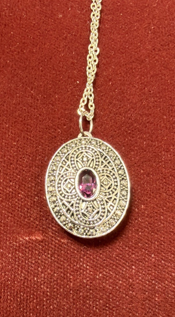 Vintage Ornate Oval Locket Necklace 18” Chain Center Purple Stone Silver Tone 1″