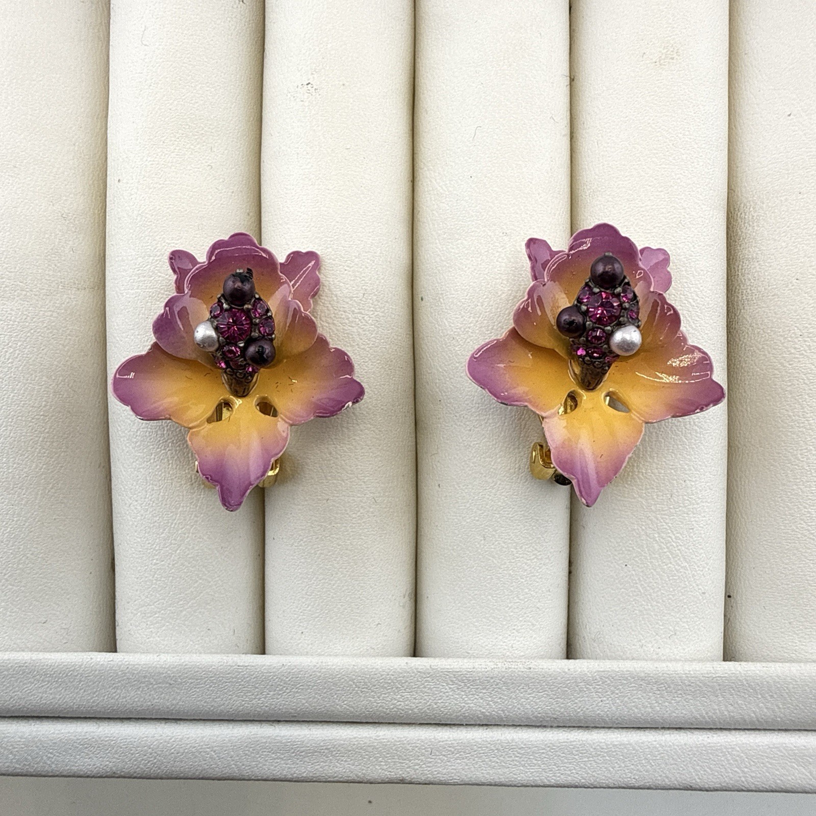 Vintage Joan Rivers Earrings Orchid Flower Floral Enamel Clip On Pink Purple