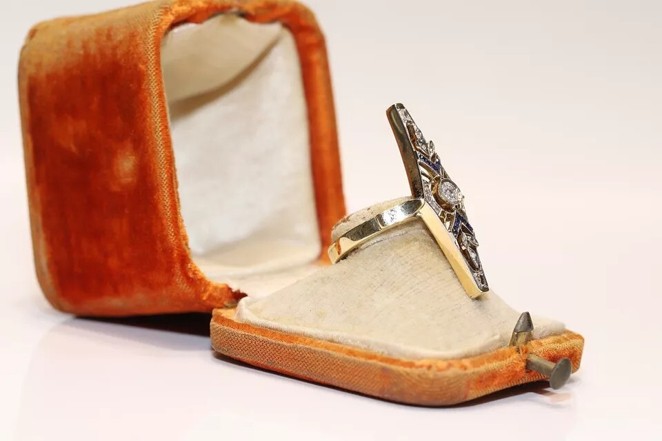Antique Circa 1920s Art Deco 14k Gold Finish Lab Created Diamond Navette Ring