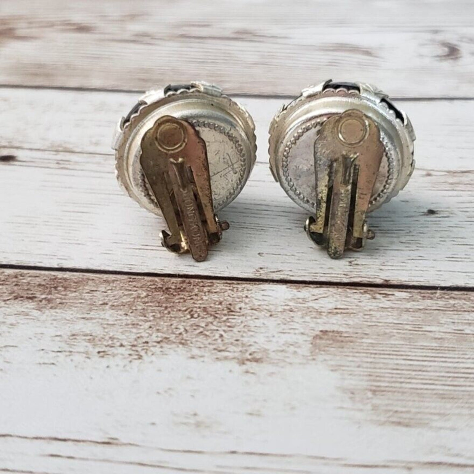 Vintage Clip On Earrings Black Domed with Silver Tone Leaves Detail 0.75″
