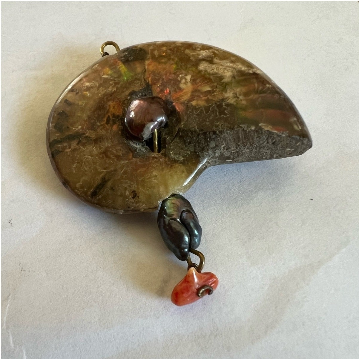 2.5″ Rainbow Ammonite Fossil Shell Pendant w/ Natural Black & Red Pearl Accents