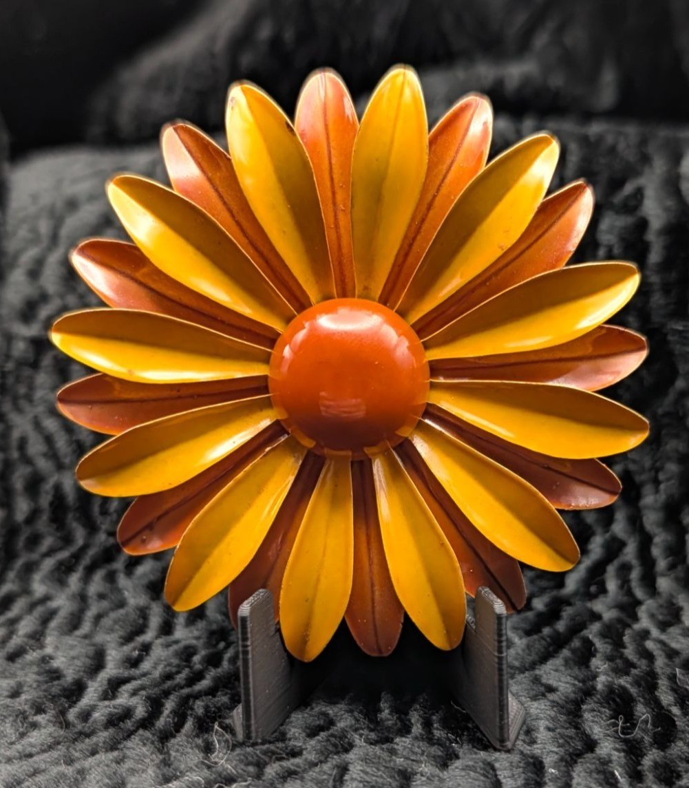 Vintage Orange & Yellow Enamel Flower Brooch Pin Retro Daisy Design 3 Inches Dia