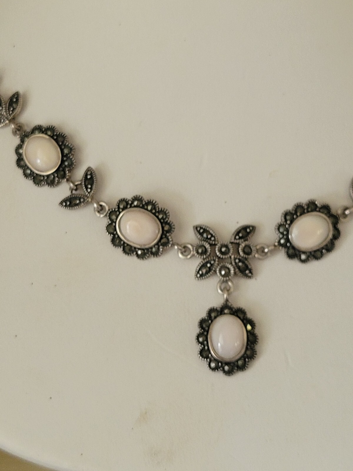 Edwardian/Victorian Style Sterling/Marcasite/ Angel Skin Coral Station Necklace