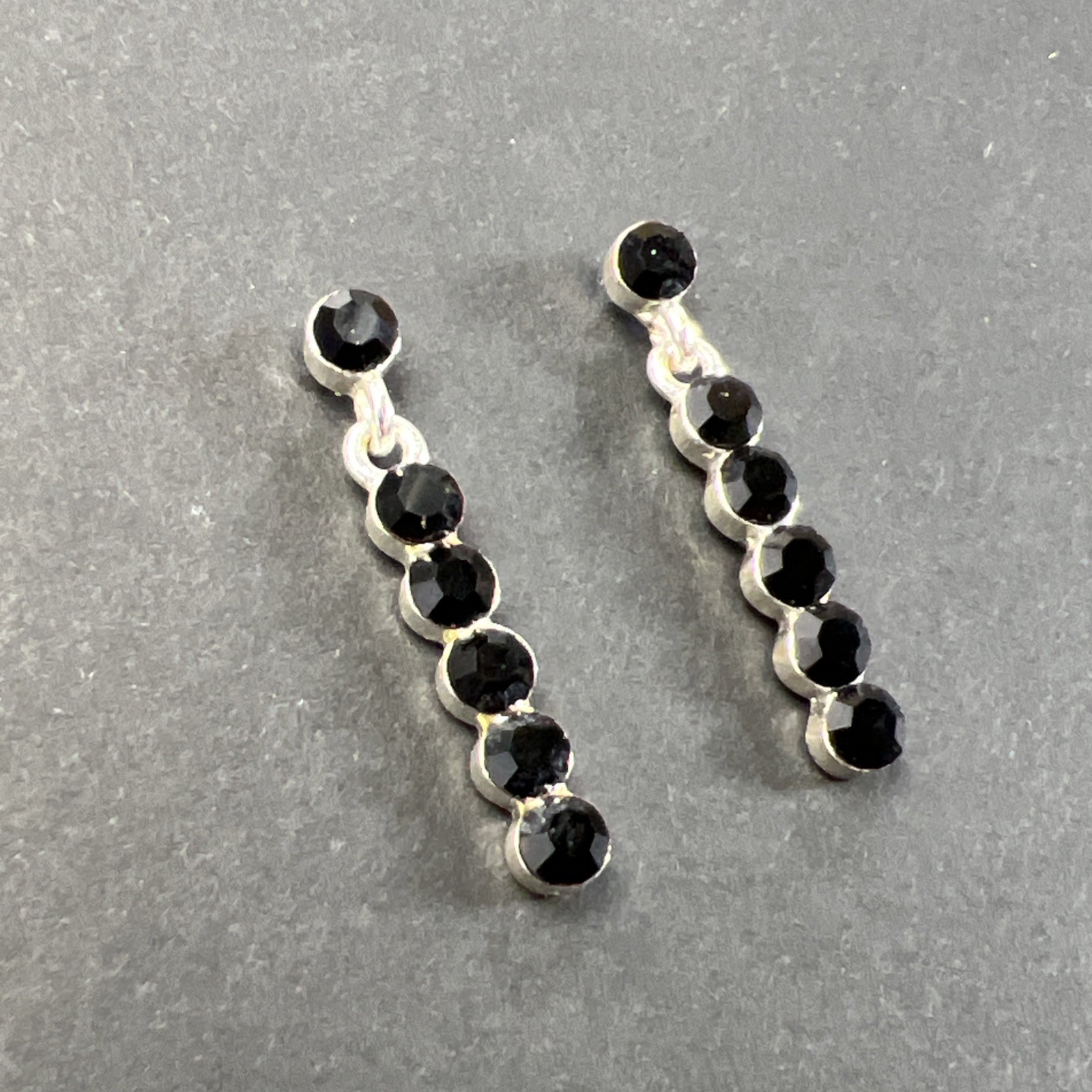 Black Rhinestone Dangle Drop Earrings Silver Tone with Backers
