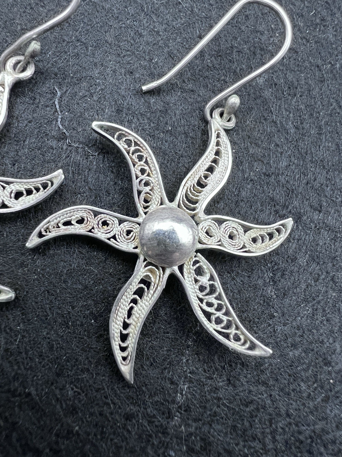 Vintage 950 Silver Filigree Pinwheel Dangle Earrings Spiral Flower